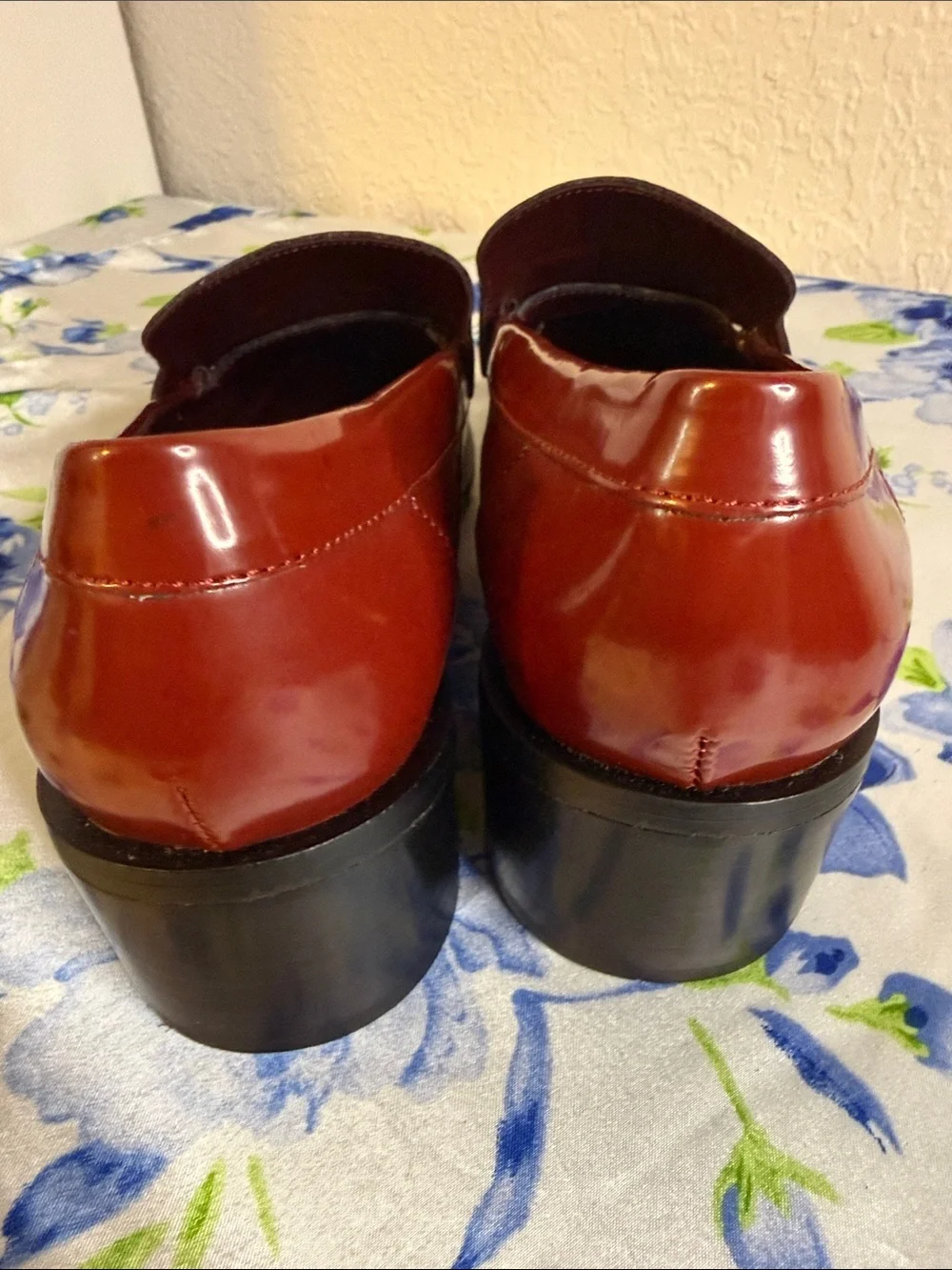 Franco Sarto Burgundy Patent Look Tassel Loafers with Gold Detail